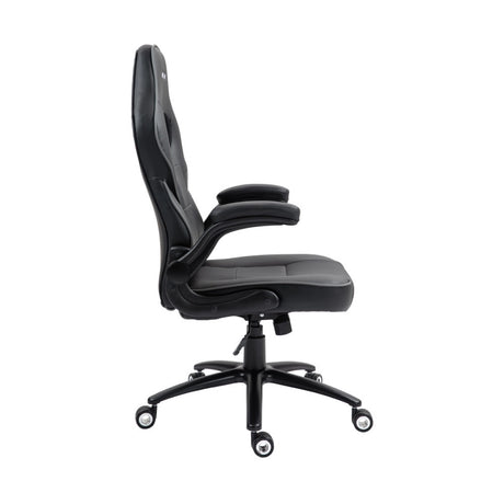 The product is an ergonomic office chair, specifically the UVI Simple Office model. The image shows the chair from the side, featuring a sleek black design with a high backrest, padded seat, and adjustable armrests, all mounted on a wheeled base for mobility.