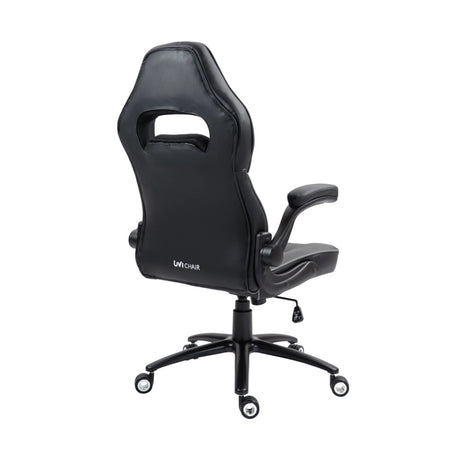 The product is an ergonomic office chair from the brand UVI, model name "Simple Office." The image shows the back view of the chair, featuring a sleek black design with a distinctive cutout in the backrest for added style and ventilation. It has adjustable armrests and a five-point base with wheels for mobility.