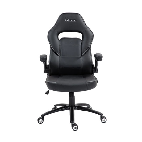 The product is an ergonomic office chair, specifically the UVI Chair model. The chair features a sleek black design with a high backrest, padded seat, and adjustable armrests, making it suitable for comfortable long hours of sitting. It is mounted on a five-point base with wheels for easy mobility.