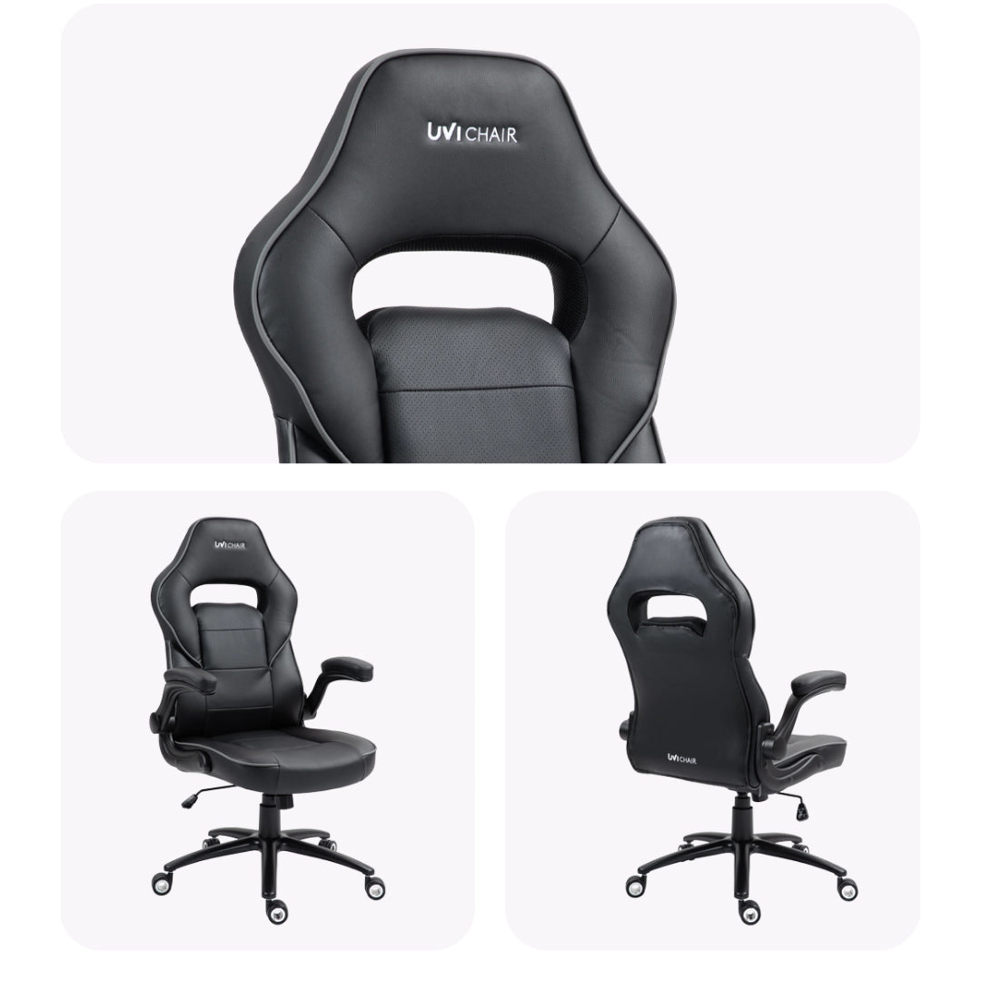 The product is an ergonomic office chair, specifically the UVI Chair model. The images show various angles of the chair, highlighting its sleek black design, padded seating, and adjustable armrests. The chair features a high backrest with a cutout design for added comfort and style.