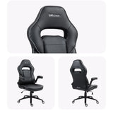 The product is an ergonomic office chair, specifically the UVI Chair model. The images show various angles of the chair, highlighting its sleek black design, padded seating, and adjustable armrests. The chair features a high backrest with a cutout design for added comfort and style.