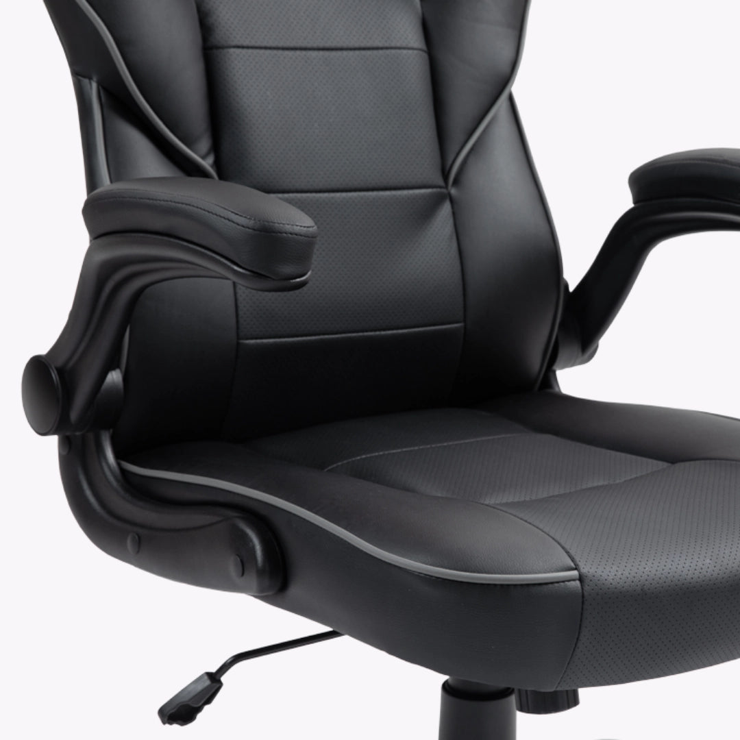 The product is an ergonomic office chair, specifically the UVI Simple Office model. The image shows a close-up of the chair's seat and armrests, featuring a sleek black design with textured fabric and padding for comfort. The adjustable lever is also visible, indicating functionality for height adjustment.