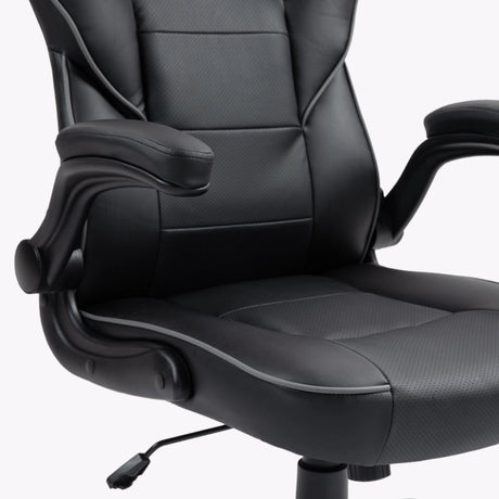 The product is an ergonomic office chair, specifically the UVI Simple Office model. The image shows a close-up of the chair's seat and armrests, featuring a sleek black design with textured fabric and padding for comfort. The adjustable lever is also visible, indicating functionality for height adjustment.