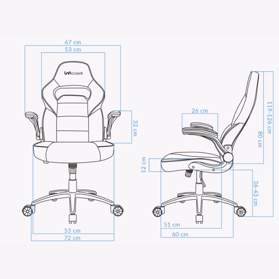 The product depicted is an ergonomic office chair, specifically the UVI Chair model. The image shows detailed dimensions of the chair from both front and side views, highlighting features like adjustable height and armrests, designed for comfort during long hours of use.
