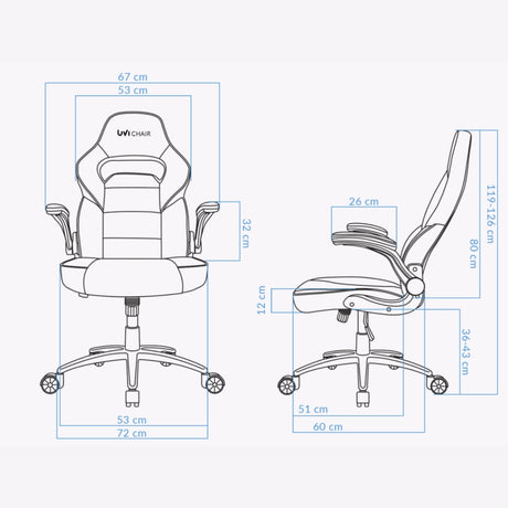 The product depicted is an ergonomic office chair, specifically the UVI Chair model. The image shows detailed dimensions of the chair from both front and side views, highlighting features like adjustable height and armrests, designed for comfort during long hours of use.