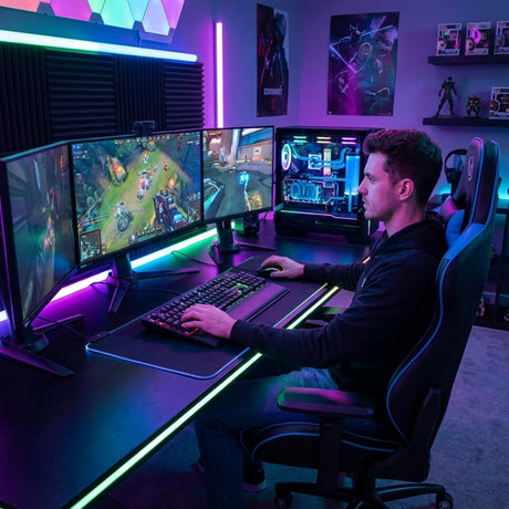 The product is an ergonomic gaming chair, specifically the UVI Sport XL in blue. The image depicts a gamer seated at a modern desk with multiple monitors displaying gameplay, surrounded by colorful LED lighting, which enhances the gaming atmosphere. The setup includes a mechanical keyboard and a gaming mouse, emphasizing a high-tech gaming environment.
