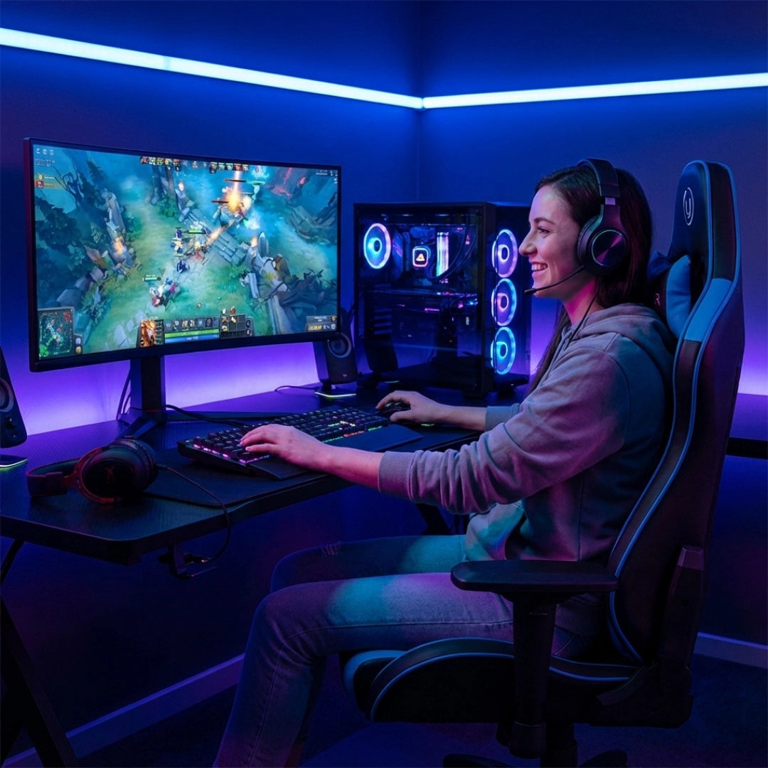 The image features an ergonomic gaming chair, specifically the UVI Sport XL in blue. It shows a person comfortably seated while gaming, with a large monitor displaying an action-packed game. The setup includes a gaming keyboard, headset, and a stylish gaming PC with colorful lighting, all set in a vibrant, illuminated room.