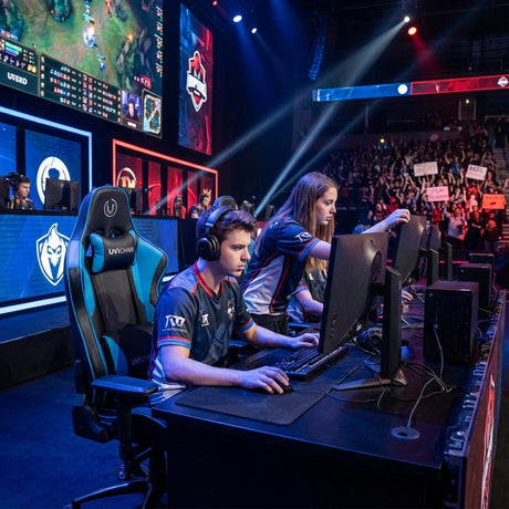 The image features a gaming chair, specifically the UVI Sport XL model in blue. It is designed for ergonomic support during long gaming sessions. In the scene, esports players are engaged in a competitive gaming event, with monitors displaying gameplay and an audience in the background.