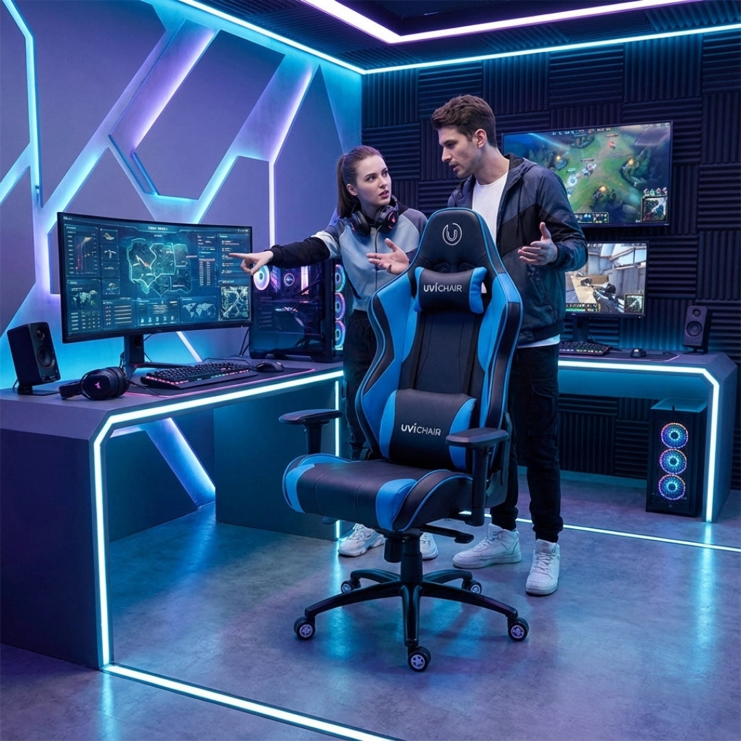 The image features a gaming chair, specifically the UVI Chair model in blue. It is designed for ergonomic comfort, suitable for long gaming sessions. The setting includes a modern gaming setup with dual monitors, gaming peripherals, and ambient LED lighting, showcasing a stylish and functional gaming environment.