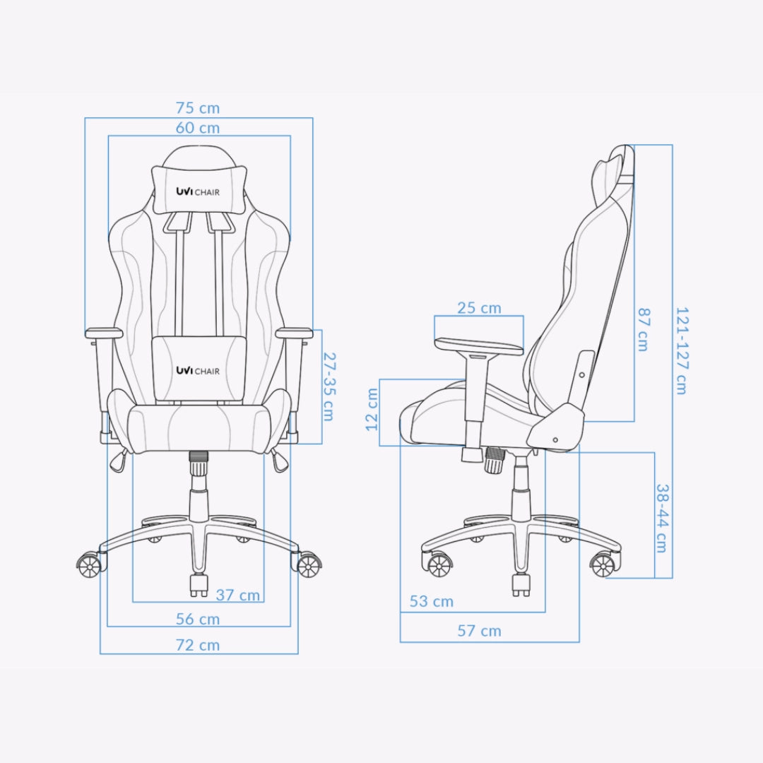 The image depicts an ergonomic gaming chair model "UVI Sport XL" in blue. It features a sleek design with adjustable armrests and a high backrest, suitable for long gaming sessions. Dimensions are provided, detailing its size and proportions for optimal comfort and support.