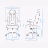 The image depicts an ergonomic gaming chair model "UVI Sport XL" in blue. It features a sleek design with adjustable armrests and a high backrest, suitable for long gaming sessions. Dimensions are provided, detailing its size and proportions for optimal comfort and support.