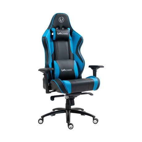 The product is an ergonomic gaming chair, specifically the UVI Chair model in blue. The chair features a high backrest with a sporty design, padded armrests, and a comfortable headrest, all highlighted by a combination of black and blue colors. It is designed for long hours of gaming or office use, providing support and comfort.