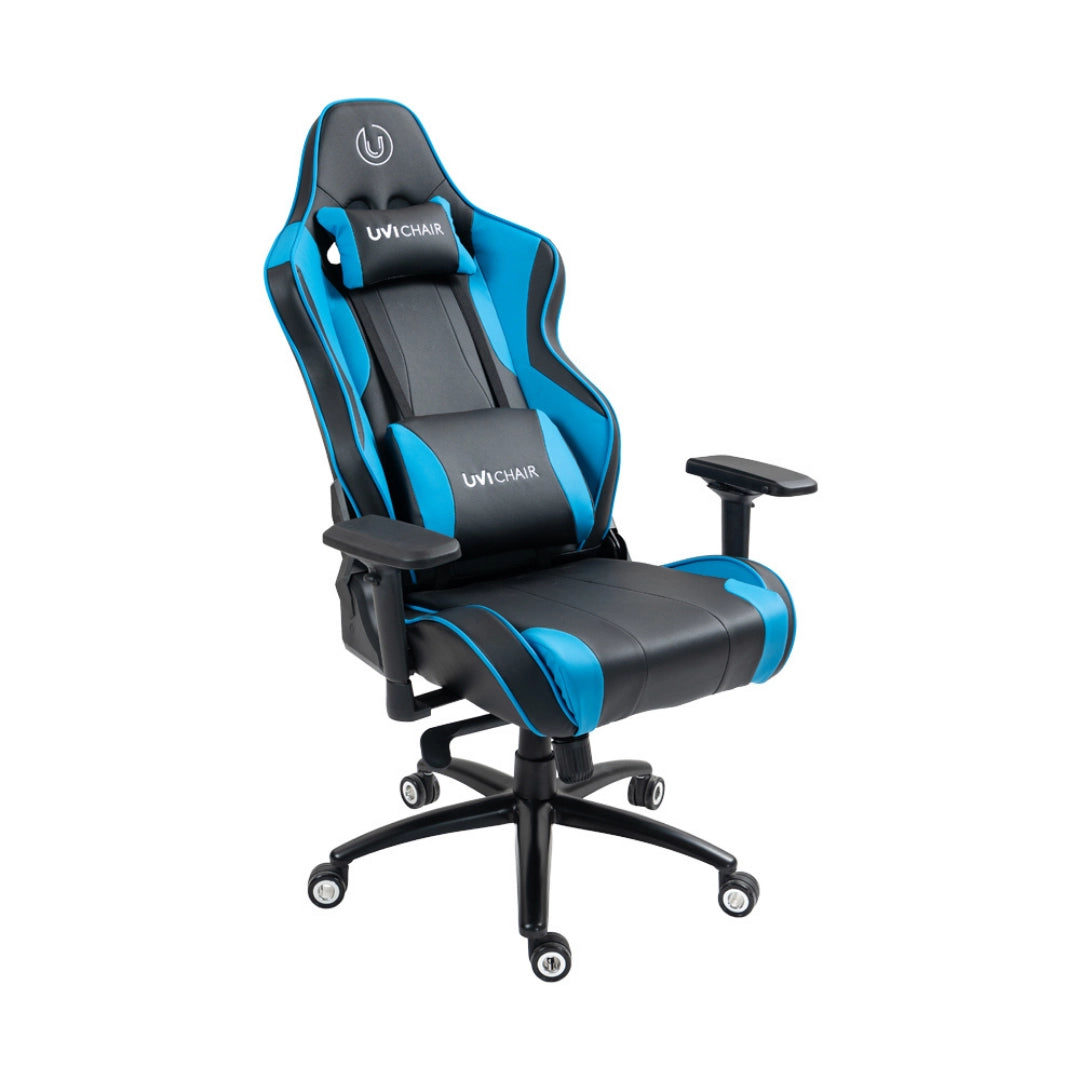 The product is an ergonomic gaming chair, specifically the UVI Chair model "UVI Sport XL" in blue. The chair features a sporty design with a combination of black and blue upholstery, adjustable armrests, and a high backrest for support, making it suitable for long gaming sessions.