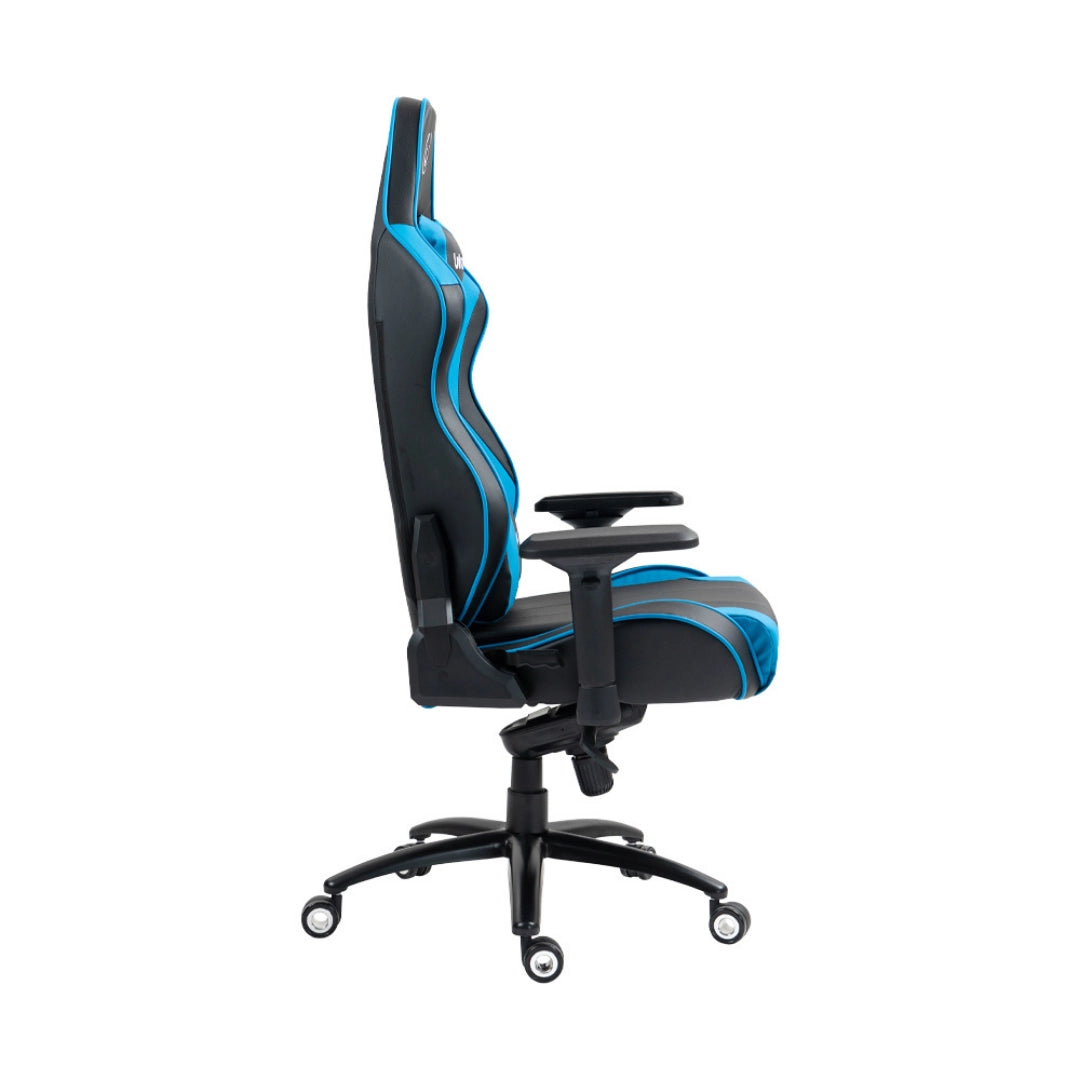 The product is an ergonomic gaming chair, specifically the UVI Sport XL model in blue. The image shows the chair from the side, highlighting its sleek design with a black base and blue accents, adjustable armrests, and a high back for support. The chair is mounted on a five-point base with wheels for mobility.