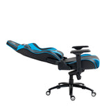 The product is an ergonomic gaming chair, specifically the UVI Sport XL model in blue. The image shows the chair reclined, featuring a sleek design with blue accents against a black base, and it includes adjustable armrests and a five-point wheeled base for mobility.