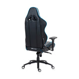 The image features an ergonomic gaming chair, specifically the UVI Sport XL model in blue. The chair has a sleek design with a high backrest and adjustable armrests, showcasing a combination of black and blue accents. The back of the chair is visible, highlighting its supportive structure and modern aesthetic.