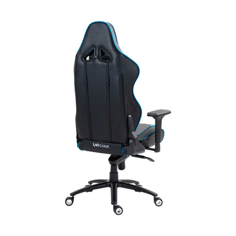 The image features an ergonomic gaming chair, specifically the UVI Sport XL model in blue. The chair has a sleek design with a high backrest and adjustable armrests, showcasing a combination of black and blue accents. The back of the chair is visible, highlighting its supportive structure and modern aesthetic.