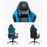 The product is an ergonomic gaming chair, specifically the UVI Sport XL in blue. The image showcases the chair from multiple angles, highlighting its sleek design with a combination of black and blue colors, a supportive headrest, and adjustable armrests. The branding is prominently displayed on the headrest and backrest.