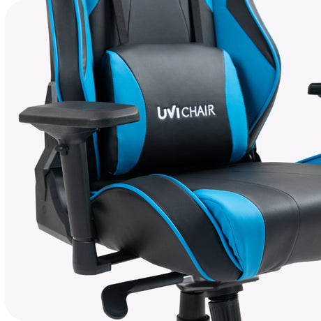 The product is an ergonomic gaming chair designed for comfort during long gaming sessions. It is branded as UviChair, model Uvi Sport XL in blue. The image shows the chair's padded seat and backrest, featuring a sleek design with blue and black color accents, along with adjustable armrests for added support.