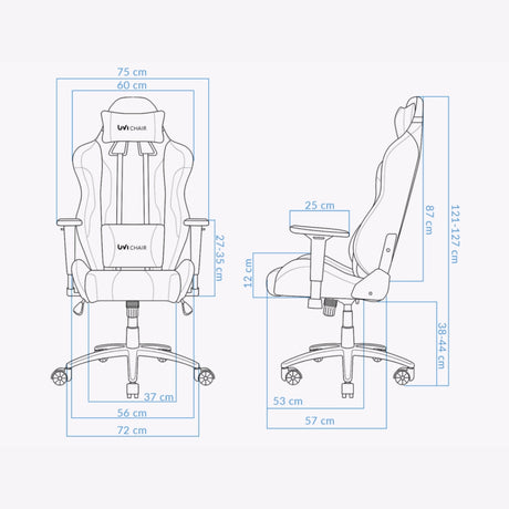The product is an ergonomic gaming chair, specifically the UVI Sport XL model in white. The image shows a detailed schematic of the chair, including its dimensions and design features such as a high backrest, adjustable armrests, and a comfortable seat. The chair is designed for both gaming and office use, emphasizing support and comfort.