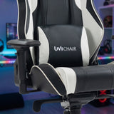 The image features an ergonomic gaming chair from the brand UVI, specifically the model "UVI Sport XL" in white. The chair showcases a sleek design with a combination of black and white materials, highlighting adjustable armrests and a supportive backrest, suitable for long gaming sessions. The background suggests a gaming environment, enhancing its appeal to gamers.