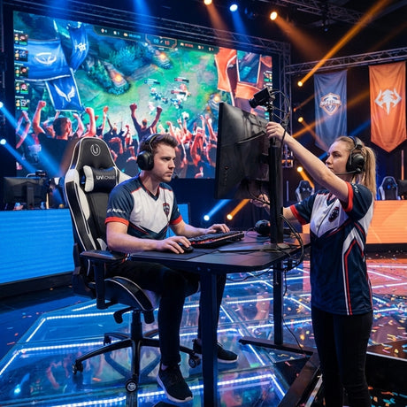 The image features a UVI gaming chair, specifically the model "UVI Sport XL" in white. It depicts a competitive gaming environment where a player is seated at a gaming desk, focused on the screen, while a teammate adjusts the monitor. The backdrop includes a lively audience and colorful stage lights, emphasizing the energetic atmosphere of the event.