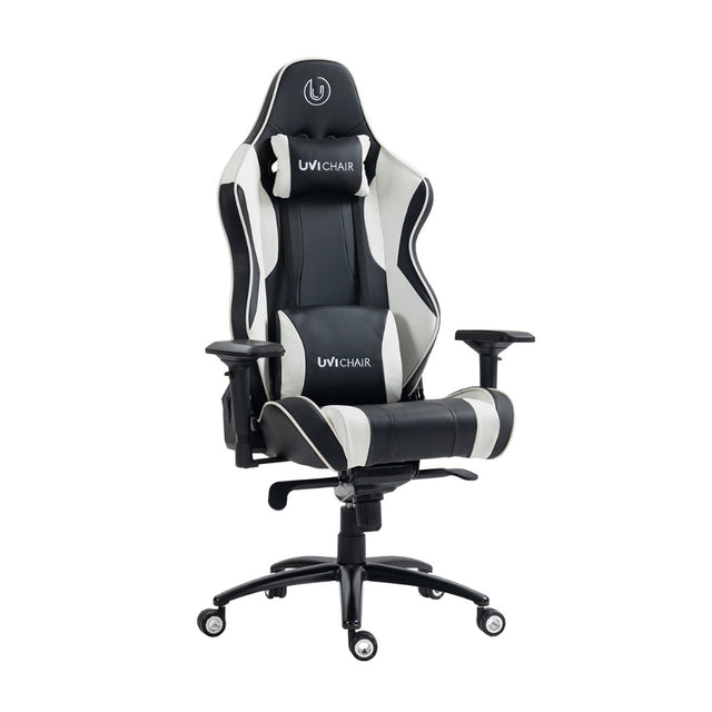 The product is an ergonomic gaming chair from the brand UVI Chair, model UVI Sport XL in white and black. The image shows a stylish chair designed for comfort during long gaming sessions, featuring a high backrest, adjustable armrests, and a padded headrest. The color scheme combines black with white accents, giving it a modern and sporty look