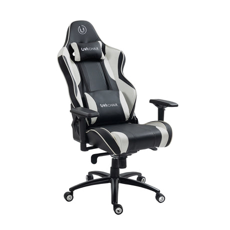 The product is an ergonomic gaming chair designed for comfort during long gaming sessions. It is from the brand UVI Chair and features a sleek black and white design with adjustable armrests and lumbar support pillows. The chair has a modern look with a high backrest, suitable for gaming or office use.