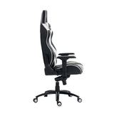 The product is an ergonomic gaming chair, specifically the UVI Sport XL model in white and black. The image shows the chair from the side, highlighting its tall backrest, adjustable armrests, and a sleek design with contrasting colors. The chair is mounted on a five-point base with wheels for mobility.
