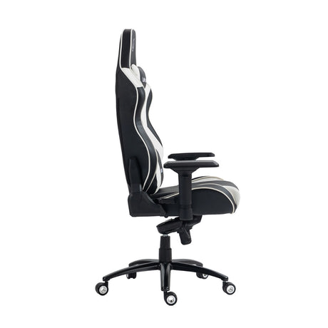 The product is an ergonomic gaming chair, specifically the UVI Sport XL model in white and black. The image shows the chair from the side, highlighting its tall backrest, adjustable armrests, and a sleek design with contrasting colors. The chair is mounted on a five-point base with wheels for mobility.