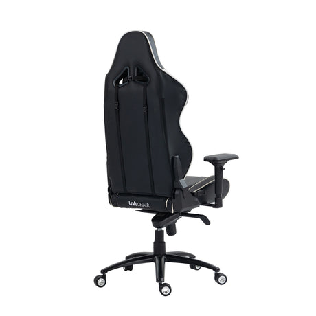 The product is an ergonomic gaming chair, specifically the UVI Sport XL model in white. The image shows the back view of the chair, featuring a high backrest with a sleek design, adjustable armrests, and a sturdy base with wheels for mobility. The chair is primarily black with subtle white accents, emphasizing its sporty aesthetic.
