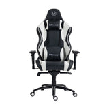 The product is an ergonomic gaming chair, specifically the UVI Chair model in a black and white color scheme. The chair features a high backrest with supportive cushions, adjustable armrests, and a sturdy base with wheels for mobility. Its design is sleek and modern, suitable for gaming or office use.
