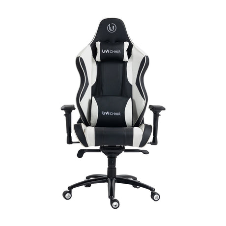 The product is an ergonomic gaming chair, specifically the UVI Chair model in a black and white color scheme. The chair features a high backrest with supportive cushions, adjustable armrests, and a sturdy base with wheels for mobility. Its design is sleek and modern, suitable for gaming or office use.