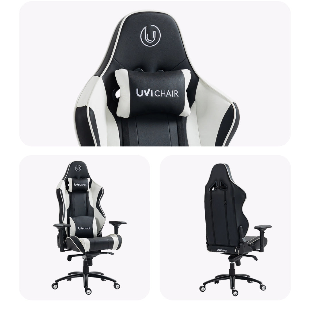 The product is an ergonomic gaming chair from the brand UVi, model UVi Chair XL in white and black. The images showcase the chair from different angles, highlighting its sleek design, adjustable features, and a comfortable headrest.