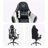 The product is an ergonomic gaming chair from the brand UVi, model UVi Chair XL in white and black. The images showcase the chair from different angles, highlighting its sleek design, adjustable features, and a comfortable headrest.