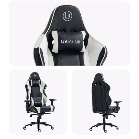 The product is an ergonomic gaming chair from the brand UVi, model UVi Chair XL in white and black. The images showcase the chair from different angles, highlighting its sleek design, adjustable features, and a comfortable headrest.