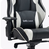 The image showcases a gaming chair from the brand UVI, specifically the model UVI Sport XL in white. It features an ergonomic design with a combination of black and white upholstery, highlighting adjustable armrests and a supportive backrest.