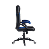 The product is an ergonomic gaming chair, specifically the UVI Storm Blue model. The image shows the chair from the side, featuring a sleek design with a combination of black and blue materials, adjustable armrests, and a five-point base with wheels for mobility.