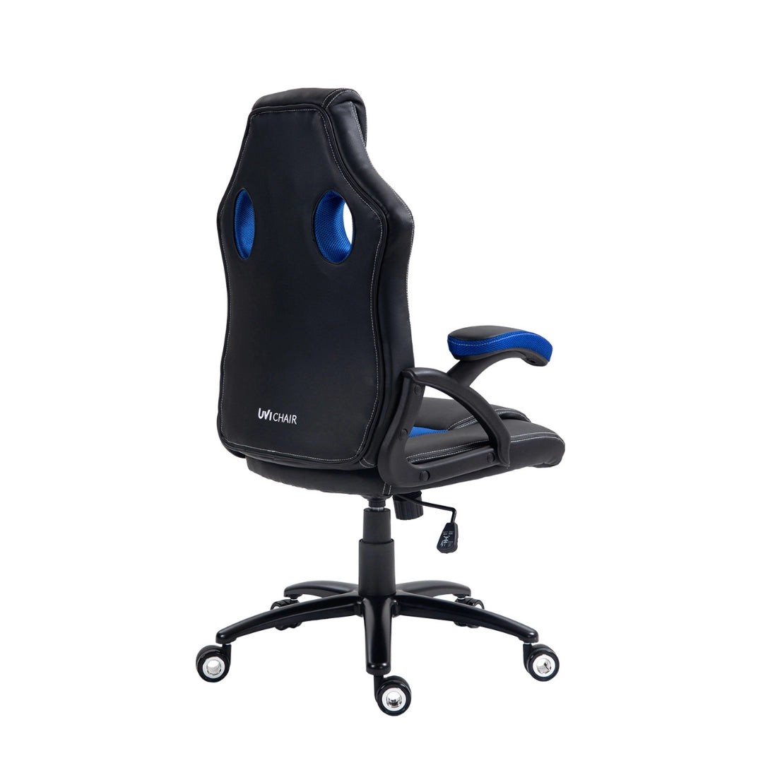 The product is an ergonomic gaming chair, specifically the UVI Chair model named "Storm Blue." The image shows the chair from a side angle, highlighting its sleek design with a black leather finish and blue accents. It features a high backrest with cut-out holes for ventilation, adjustable armrests, and a five-point base with wheels for mobility.