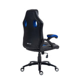 The product is an ergonomic gaming chair, specifically the UVI Chair model named "Storm Blue." The image shows the chair from a side angle, highlighting its sleek design with a black leather finish and blue accents. It features a high backrest with cut-out holes for ventilation, adjustable armrests, and a five-point base with wheels for mobility.