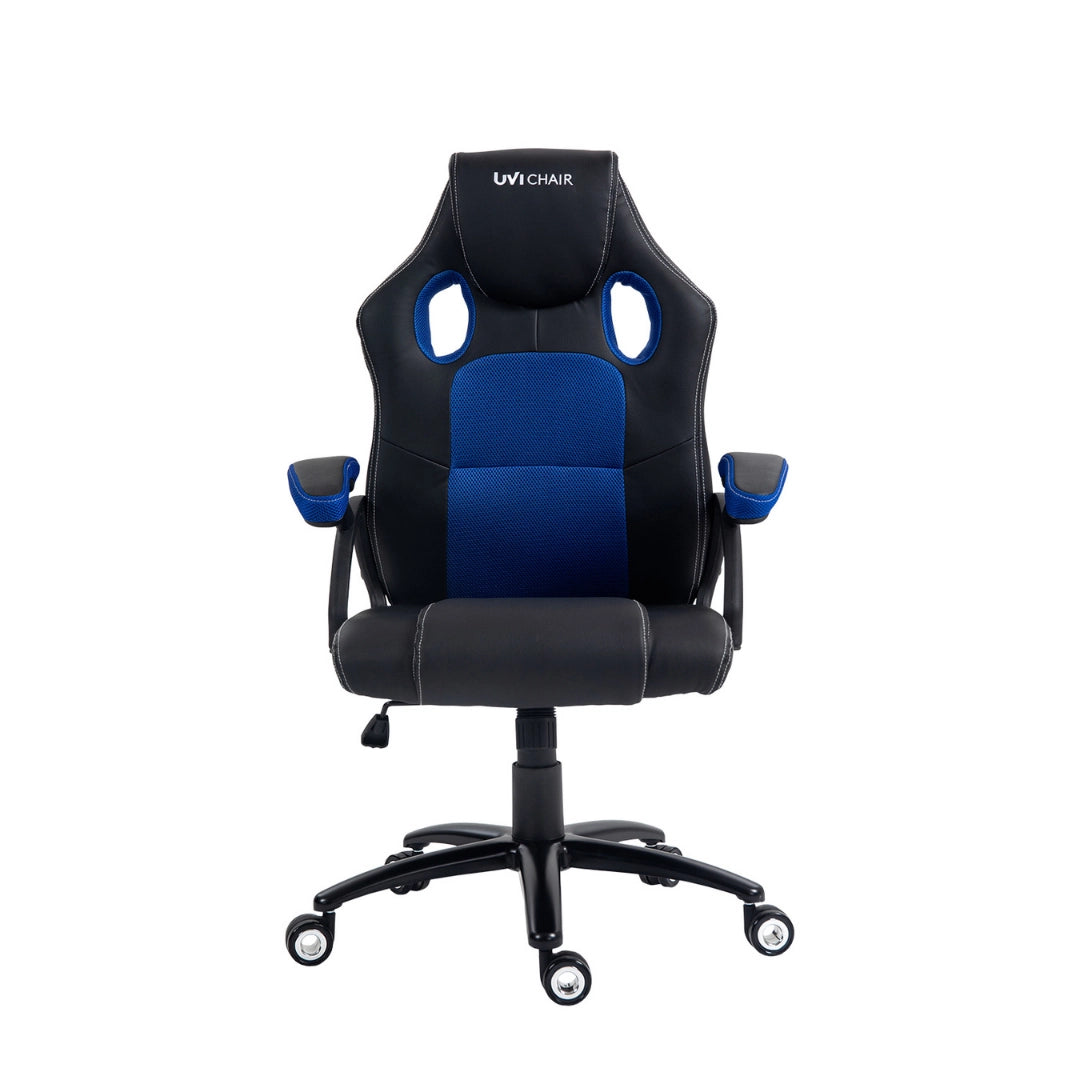 The product is an ergonomic gaming chair from the brand UVI, specifically the model "Storm Blue." The chair features a sleek design with a combination of black and blue upholstery, a high backrest, and adjustable armrests, making it suitable for long gaming sessions.
