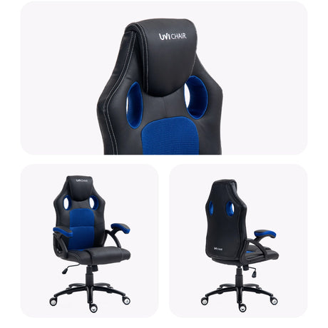 The product is an ergonomic gaming chair, specifically the UVI Chair model "Storm Blue." The images show various angles of the chair, highlighting its sleek design with a combination of black and blue colors, padded seating, and cut-out sections for ventilation. The chair features adjustable armrests and a high back for added support, making it suitable for long gaming