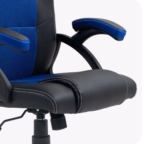 The product is an ergonomic gaming chair, specifically the UVI Storm Blue model. The image showcases the chair's design, featuring a combination of blue mesh and black leather materials, along with adjustable armrests and a sleek, modern aesthetic. The chair appears to be designed for comfort during extended gaming or office sessions.