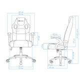 The product is an ergonomic gaming chair, specifically the UVI Storm Blue model. The image shows a detailed diagram of the chair, including measurements for its height, width, and armrest dimensions, highlighting its design features suited for comfort and support during gaming sessions.