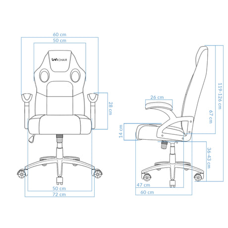 The product is an ergonomic gaming chair, specifically the UVI Storm Blue model. The image shows a detailed diagram of the chair, including measurements for its height, width, and armrest dimensions, highlighting its design features suited for comfort and support during gaming sessions.