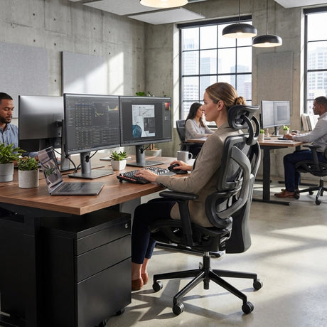 The product is an ergonomic office chair, specifically the UVI Focus Pro model. The image shows a modern office setting where a woman is seated at a desk, using a computer with dual monitors. Other colleagues are visible in the background, and the workspace features plants and a contemporary design.