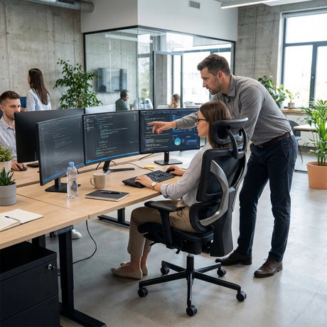 The image features an ergonomic office chair, specifically the UVI Focus Pro model. It shows a modern office environment where a woman is seated at a desk with multiple monitors, while a man is standing beside her, pointing at the screen. The workspace is well-lit and includes plants, creating a productive atmosphere.