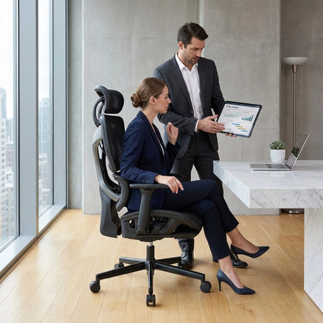 The product is an ergonomic office chair, specifically the UVI Focus Pro model. The image shows a woman seated in the chair, dressed in a business suit, while a man in a suit stands beside her, pointing at a tablet displaying graphs. The setting appears to be a modern office with large windows and a marble table.