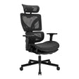 The product is an ergonomic office chair, specifically the UVI Focus Pro model. The chair features a sleek black design with a mesh backrest and seat, providing breathability and comfort. It includes adjustable armrests and a headrest, emphasizing ergonomic support for long hours of sitting.