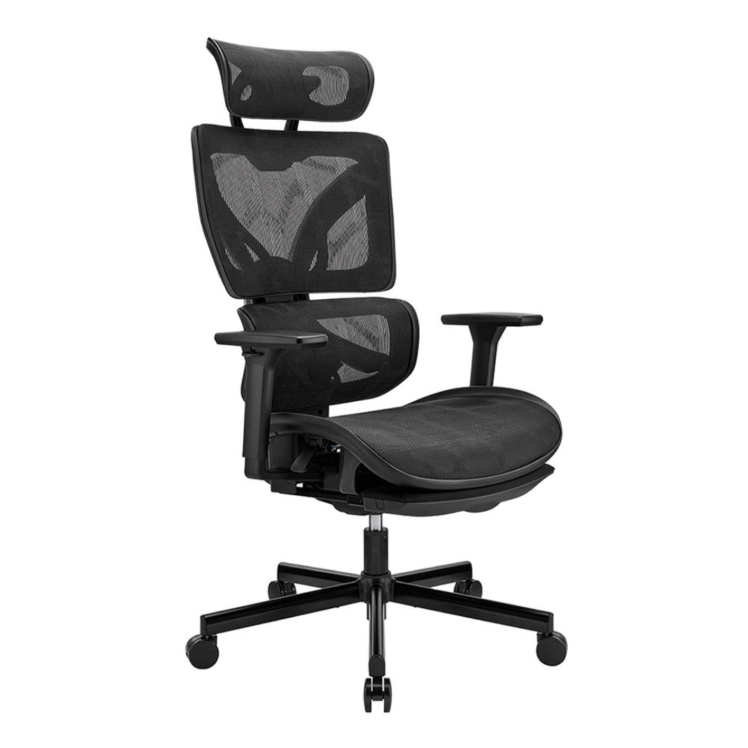 The product is an ergonomic office chair, specifically the UVI Focus Pro model. The chair features a sleek black design with a mesh backrest and seat, providing breathability and comfort. It includes adjustable armrests and a headrest, emphasizing ergonomic support for long hours of sitting.